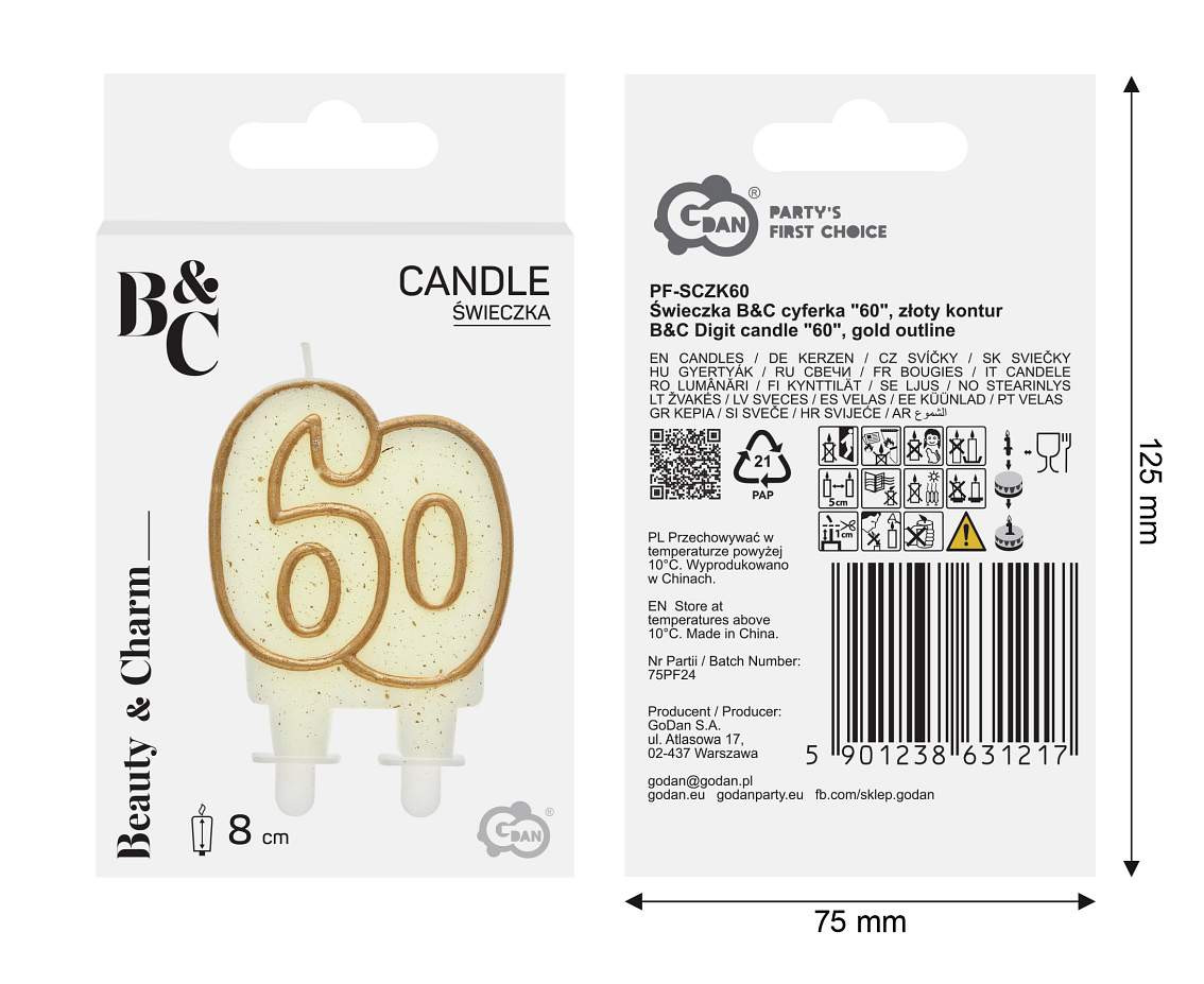 Double digit candle "60", gold outline, 8 cm